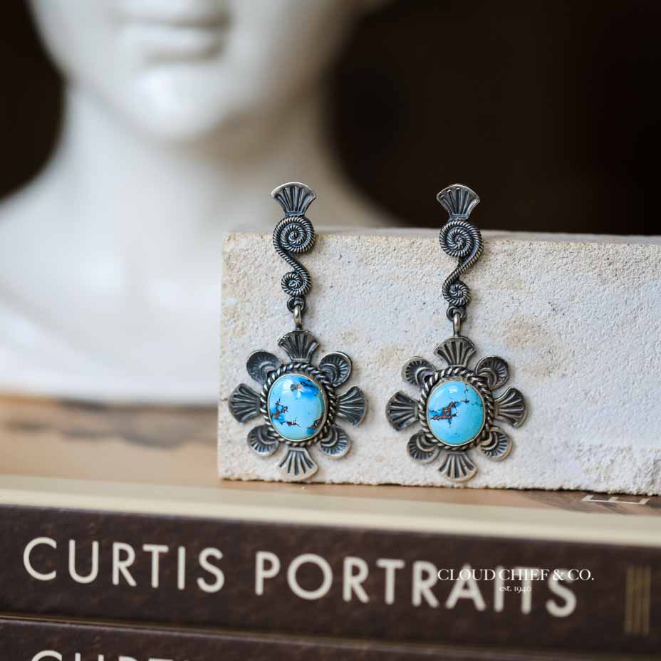 Firebird Jewelers Navajo Flower Silver Domed Turquoise Earrings 