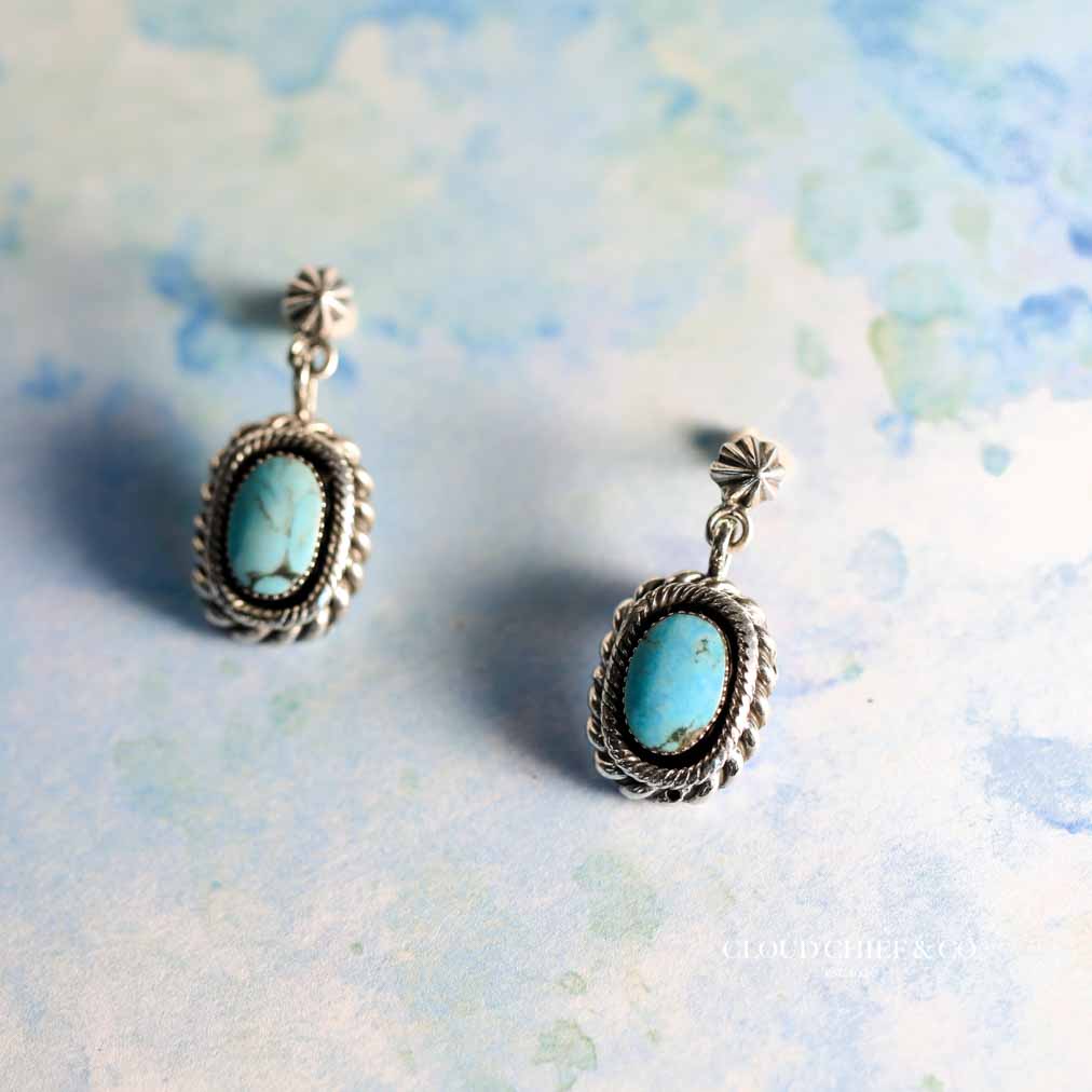 Firebird Jewelers Navajo Flower Silver Domed Turquoise Earrings 